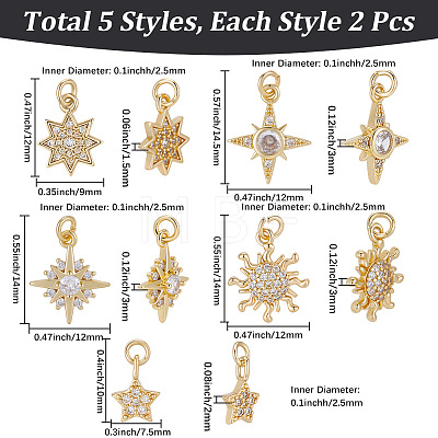 10Pcs 5 Styles Brass Micro Pave Clear Cubic Zirconia Pendants KK-BBC0028-74-1
