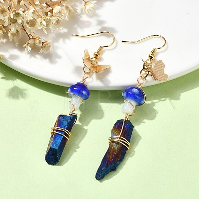 Dyed Natural Quartz Crystal Nugget & Mushroom Lampwork Dangle Earrings EJEW-TA00335-02-1