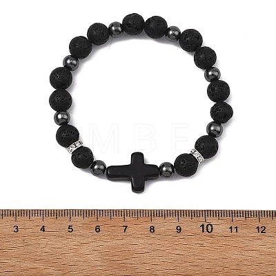 2Pcs 2 Styles Natural Lava Rock & Synthetic Turquoise & Non-magnetic Hematite Cross & Round Beaded Stretch Bracelets for Women Men BJEW-JB13929-1