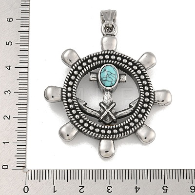 304 Stainless Steel & Synthetic Turquoise Rudder Big Pendants STAS-D110-07AS-1