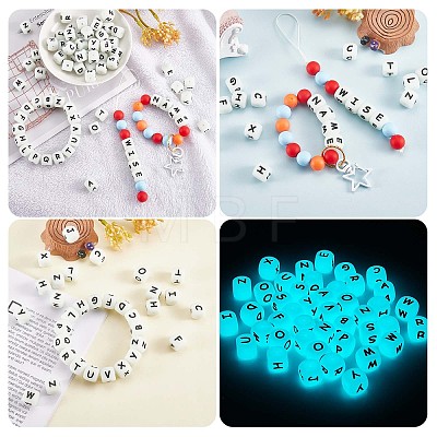20Pcs Luminous Cube Letter Silicone Beads 12x12x12mm Square Dice Alphabet Beads with 2mm Hole Spacer Loose Letter Beads for Bracelet Necklace Jewelry Making JX437R-1