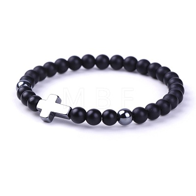 Natural Frosted Black Stone & Synthetic Non-magnetic Hematite Beads Stretch Bracelets for Women Men BO6196-2-1