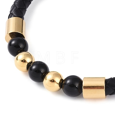 Round Natural Black Onyx(Dyed & Heated) Beads Braided Leather Cord Bracelets BJEW-A009-01G-1