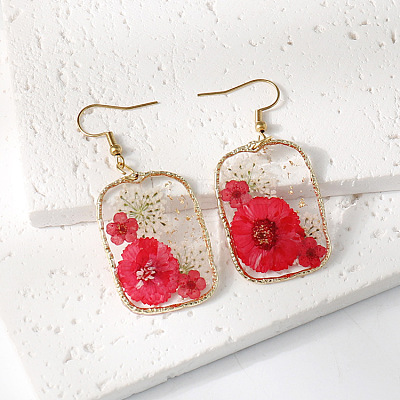 Resin & Dried Flower Rectangle Dangle Earrings FS-WG21EF9-03-1