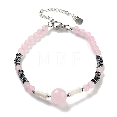 Natural Rose Quartz Round & Synthetic Non-magnetic Hematite & White Shell Beaded Bracelets for Women BJEW-K251-02A-1