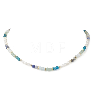 Natural Aquamarine & Sodalite & Green Aventurine Round Cube and Natural Pearl Rice Beaded Necklaces NJEW-JN05868-01-1