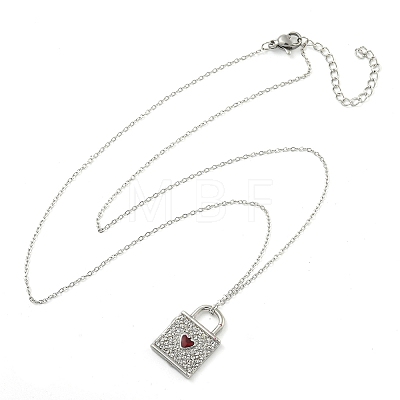 304 Stainless Steel Crystal Rhinestone Lock Pendant Necklaces NJEW-I129-01P-1