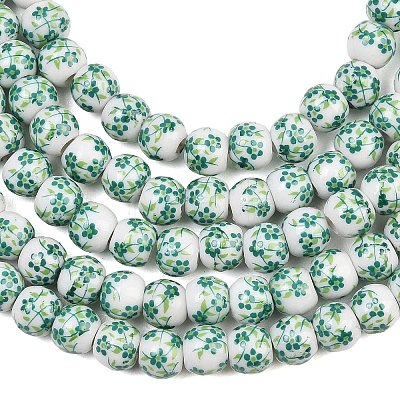 Handmade Flower Printed Porcelain Ceramic Beads Strands PORC-M005-6mm-07-1