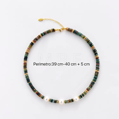 Natural Freshwater Pearl and Natural Indian Agate Rondelle Beaded Necklaces with 304 Stainless Steel End Chains PJ7796-1
