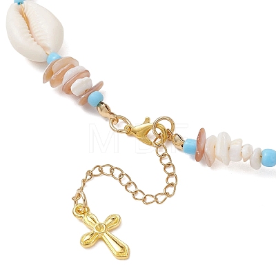 Ocean Natural Cowrie Shell & Chip & Glass Seed Beaded Necklaces NJEW-JN05848-1