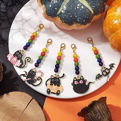 5Pcs 5 Styles Halloween Cat Alloy Enamel Pendant Decorations HJEW-JM01928-1