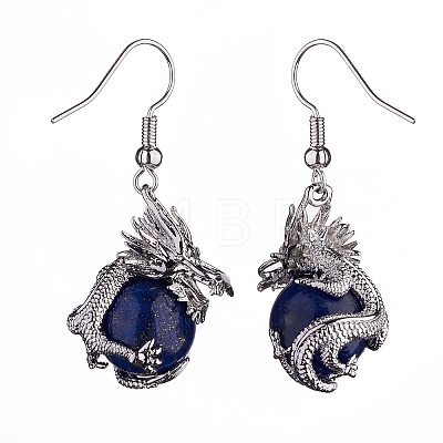 Natural Dyed Lapis Lazuli Dragon Dangle Earrings EJEW-A092-06P-04-1