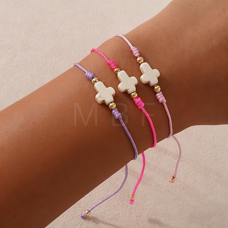 3Pcs Dyed Synthetic White Turquoise & Brass Beaded Braided Bead Bracelets QB7029-13-1