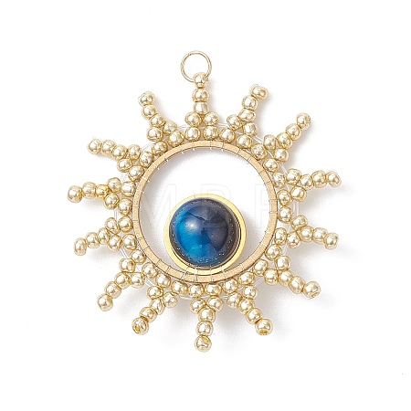 Dyed Round Natural Tiger Eye with Glass Seed Beaded Sun Pendants PALLOY-MZ01082-01-1