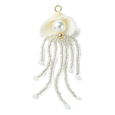 Natural Clam Shell & Glass Pearl & Glass Seed Beaded Big Pendants PALLOY-MZ00298-01-1