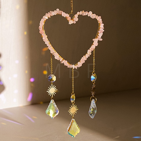 Heart Natural Rose Quartz Chips Hanging Ornaments HJEW-G024-01A-1