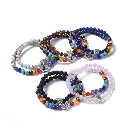 Two Loops Natural & Synthetic Gemstone Beads Warp Stretch Bracelets BJEW-JB04223-1