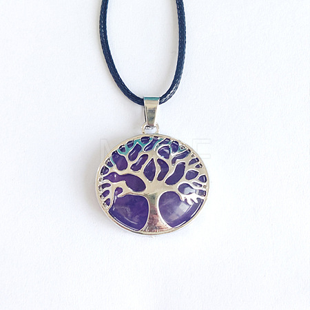 Alloy Pave Natural Amethyst Tree of Life Pendant Necklaces KW6501-3-1