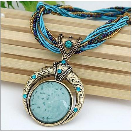 Bohemian Style Flat Round Alloy & Resin Imitation Gems Pendant Necklaces WG23E28-03-1