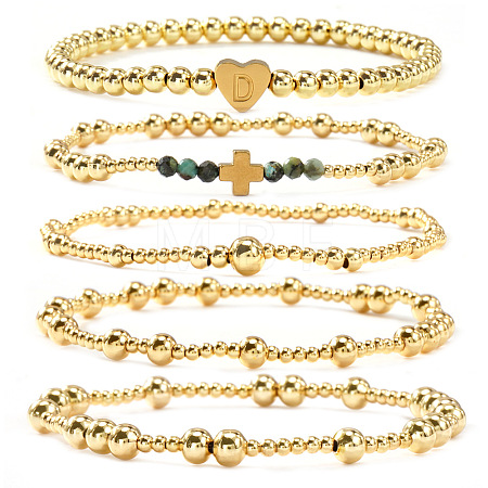 5Pcs Brass & Natural African Turquoise(Jasper) Beads Stretch Bracelets for Women BK1359-3-1
