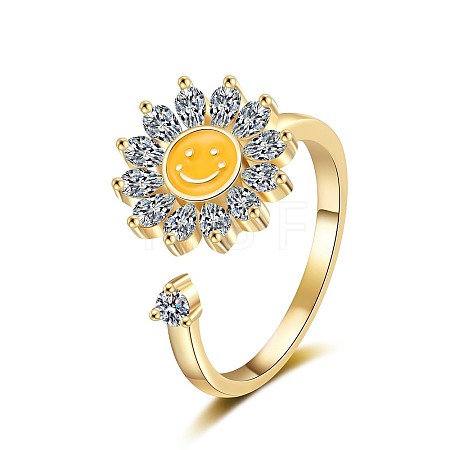 Sunflower with Smiling Face Enamel Rotatable Cuff Rings for Women RJEW-M016-07G-1