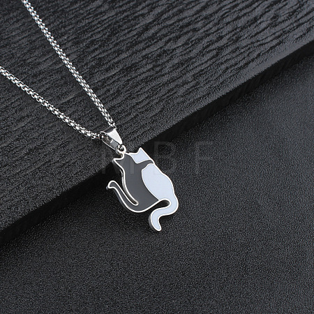 304 Stainless Steel Enamel Black and White Cat Shaped Pendant Box Chain Necklaces for Men WG4CCE4-01-1