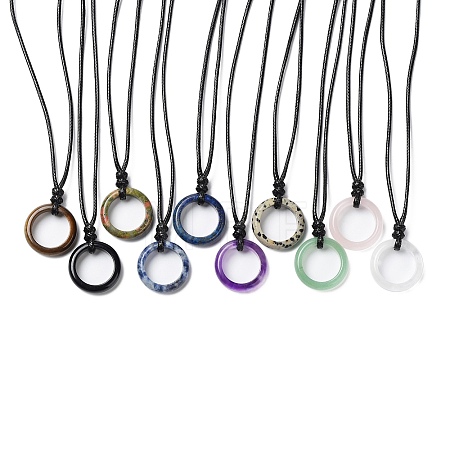 Natural Mixed Stone Ring Pendant Necklace with Waxed Cords NJEW-R262-01B-1