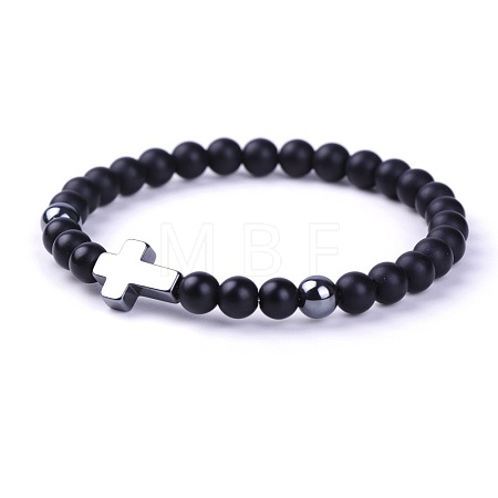 Natural Frosted Black Stone & Synthetic Non-magnetic Hematite Beads Stretch Bracelets for Women Men BO6196-2-1