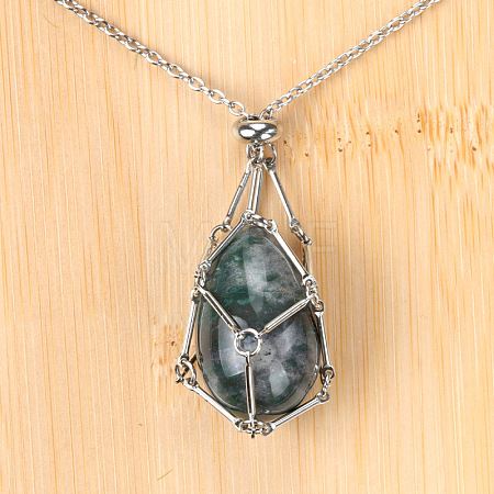 Natural Indian Agate Easter Egg Cage Pendant 304 Stainless Steel Cable Chain Necklaces FS-WGA333C-20-1
