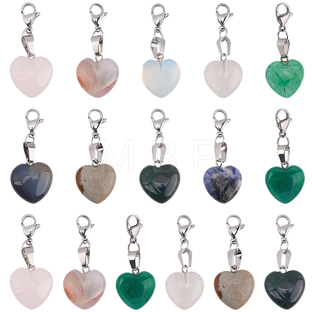 16Pcs Heart Natural & Synthetic Gemstone Pendant HJEW-BM0001-56-1