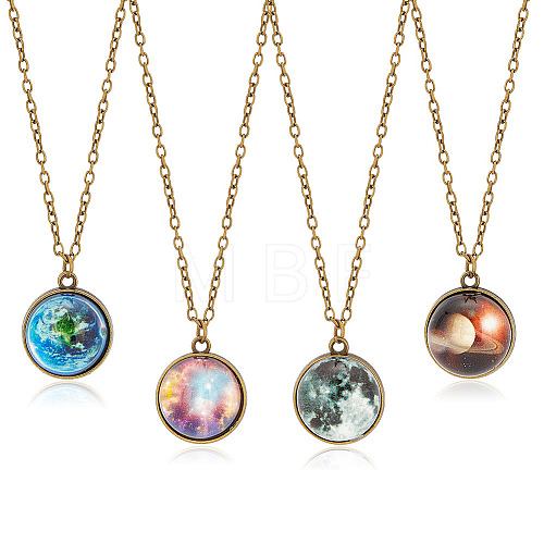 4Pcs 4 Style Luminous Glass Round Planet Pendant Necklaces Set NJEW-FI0001-02-1