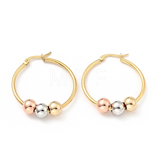 PVD Vacuum Plating 201 Stainless Steel Beaded Ring Hoop Earrings with 316 Stainless Steel Pins for Women EJEW-F285-33A-A-1