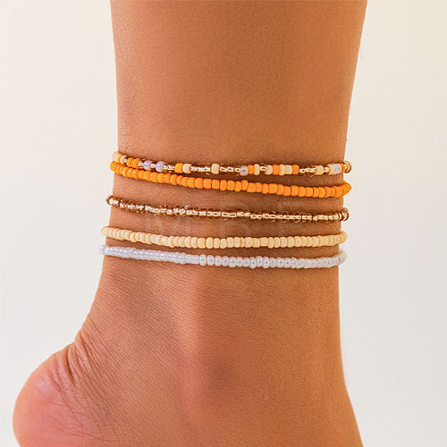 5Pcs Bohemian Style Glass Seed Rondelle Beaded Stretch Anklets for Women WG3334E-07-1