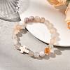 Natural Cherry Blossom Agate & Synthetic Turquoise Cross & Round Beaded Stretch Bracelets for Women Men BJEW-JB13926-01-1