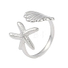 304 Stainless Steel Starfish & Shell Open Cuff Rings for Women LS-RJEW-C095-09P-1
