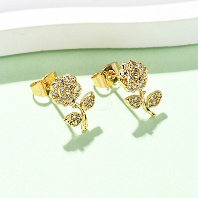 Brass Micro Pave Clear Cubic Zirconia Flower Stud Earrings EJEW-K267-35G-1
