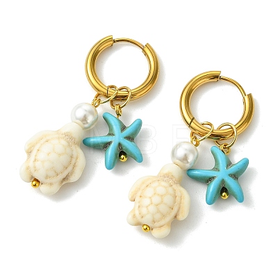 Tortoise & Starfish Synthetic Turquoise Hoop Earrings EJEW-JE07147-02-1
