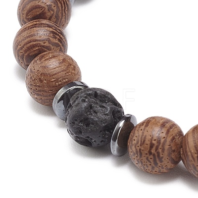 Natural Lava Rock & Wood Beaded Stretch Bracelet BJEW-JB08535-02-1
