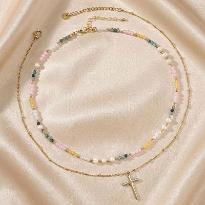 Colorful Natural Mixed Stone and Imitaiton Pearl Beaded Double Layered Necklaces with Stainless Steel Religion Cross Pendant MK2269-1