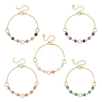 Natural Mixed Gemstone Faceted Cube Beaded Brass Chain Bracelets for Women BJEW-JB14334-1