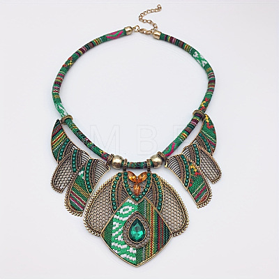 Bohemian Ethnic Style Alloy Rhinestone & Polyester Cord Pendant Necklaces & Rhombus Stud Dangle Earrings Sets FS-WG2889B-01-1