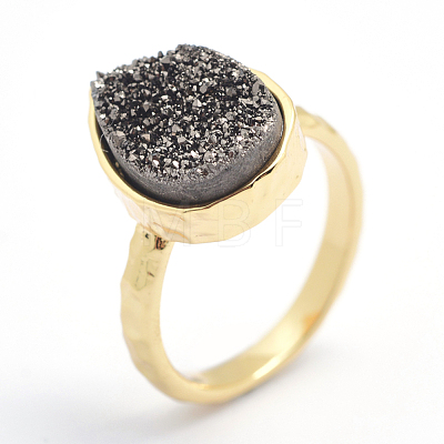 Electroplate Natural Druzy Quartz Crystal Finger Rings RJEW-I055-04G-RS-1