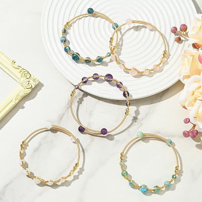 Herringbone Wire-Wrapped Natural Mixed Gemstone Brass Cuff Bangles BJEW-JB14039-1