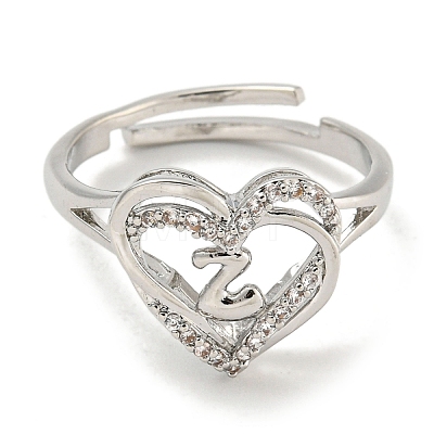 Heart with Letter Rack Plating Brass Micro Pave Clear Cubic Zirconia Adjustable Rings for Women RJEW-I105-01P-Z-1