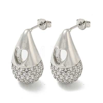 Teardrop with Heart Rack Plating Brass Stud Earrings with Cubic Zirconia EJEW-Z035-06P-1