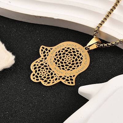 304 Stainless Steel Hollow Religion Hamsa Hand Pendant Necklaces NJEW-M086-01G-1