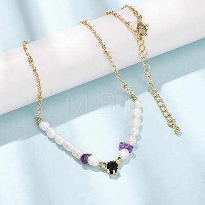 Natural Amethyst Chip and Rice Natural Pearl Beaded Necklaces GG-CBA3297-15G-G-1