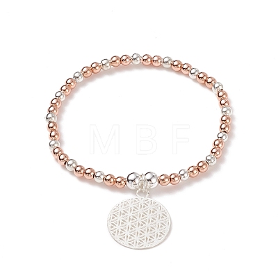 Two Tone Brass Round Beaded Stretch Bracelet with Flower Charm for Women BJEW-JB08598-1