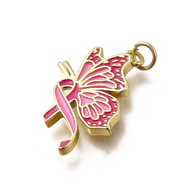 October Breast Cancer Pink Awareness Ribbon Brass Enamel Pendants KK-G525-10G-07-1