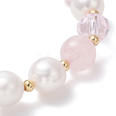 Natural Rose Quartz & Cultured Freshwater Pearl Beads Stretch Bracelets BJEW-JB12856-02-1